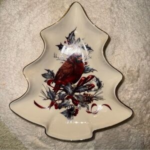 Christmas Tree Shaped Dish with Cardinal Design